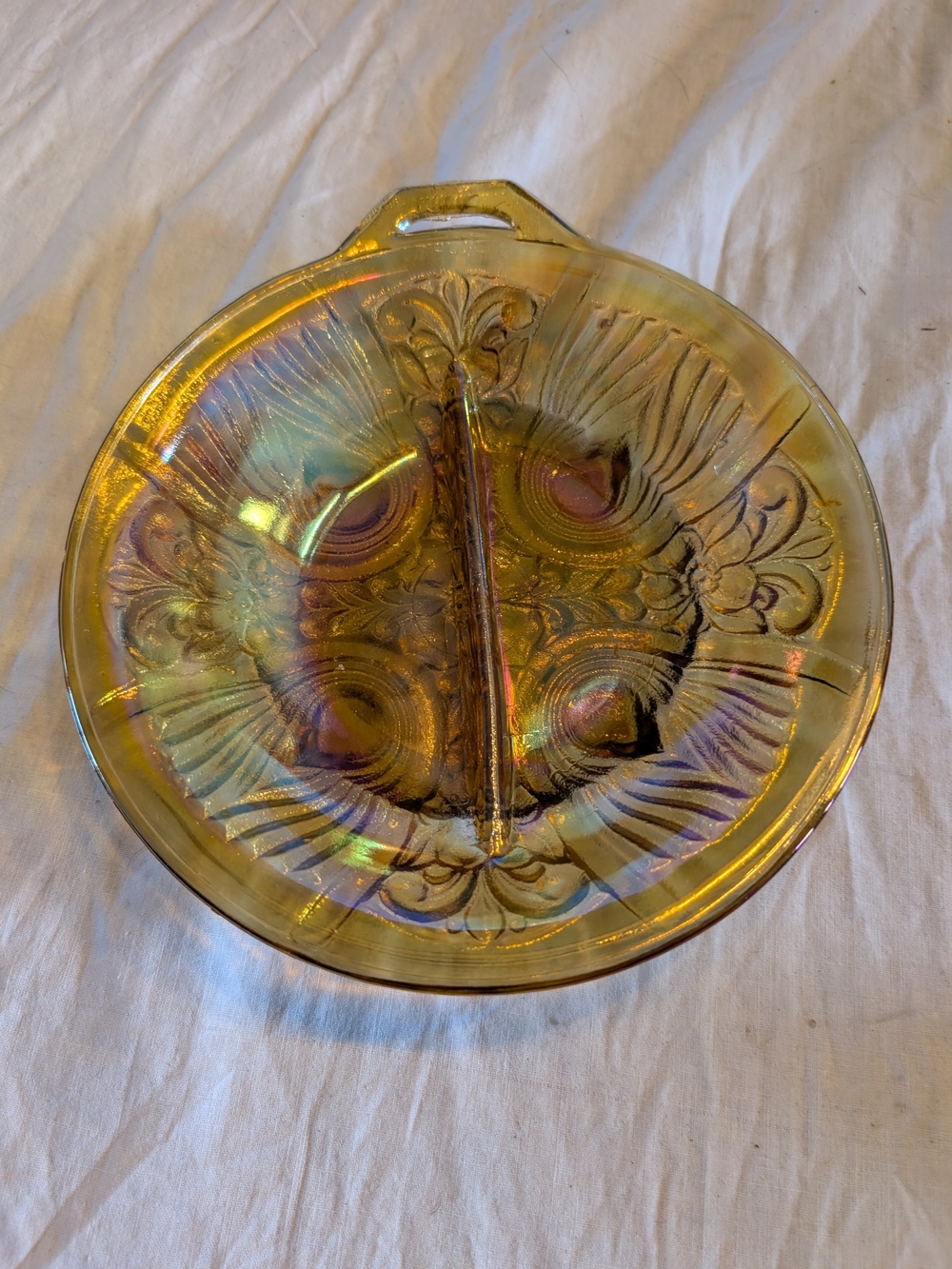 RESERVE Indiana Glass Carnival Gold Iridescent Divided Serving Plate